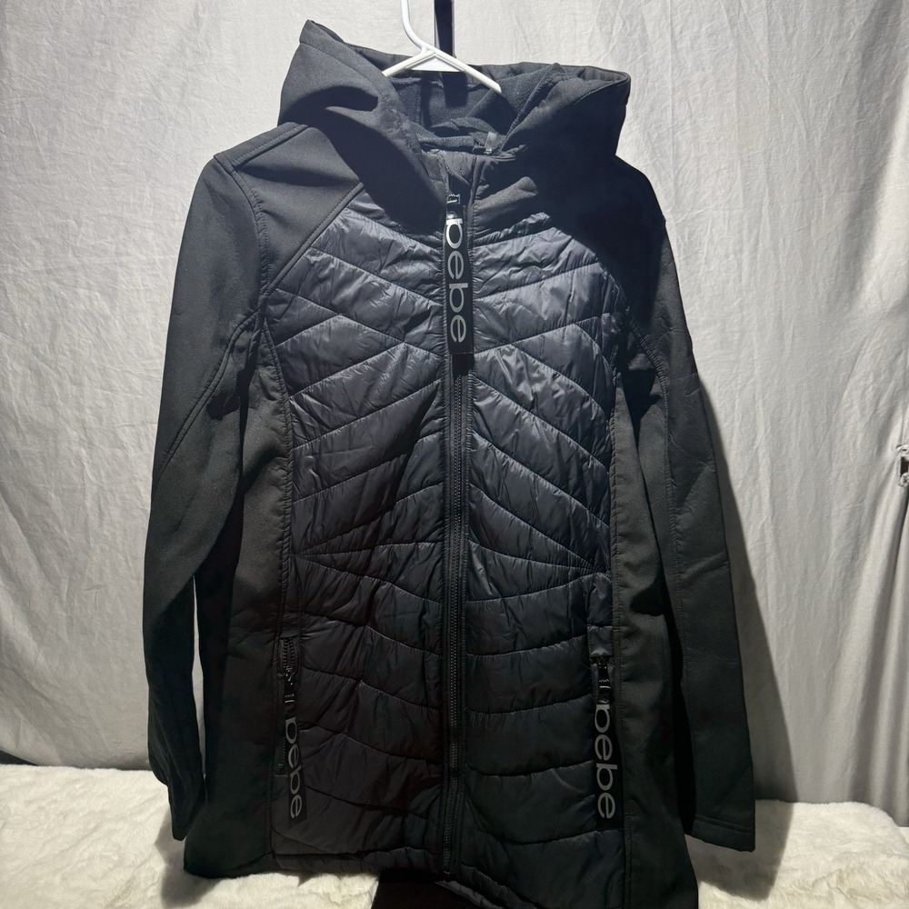 Bebe Sport Women's Quilted Puffer Black Fleece Trench Jacket Size XL